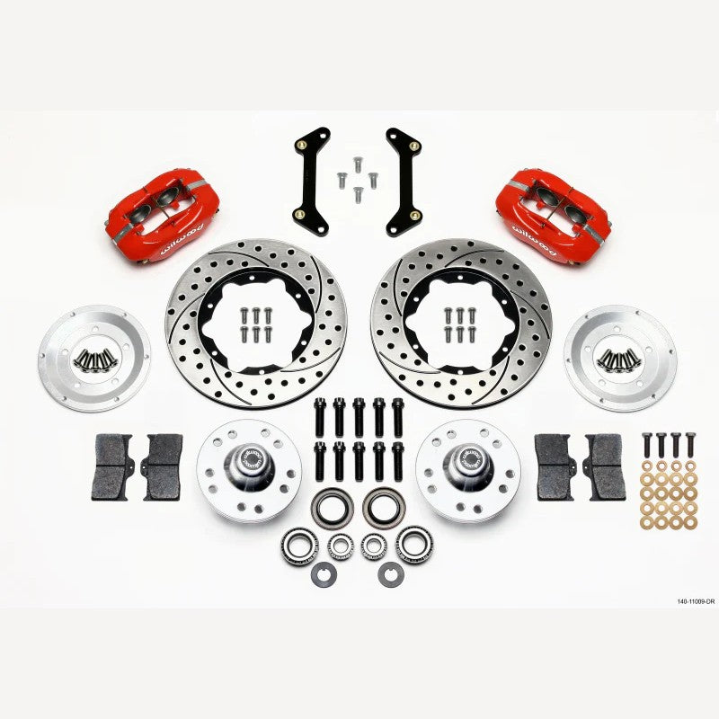 Wilwood Forged Dynalite front brake kit featuring red 4-piston calipers and 11-inch drilled rotors.