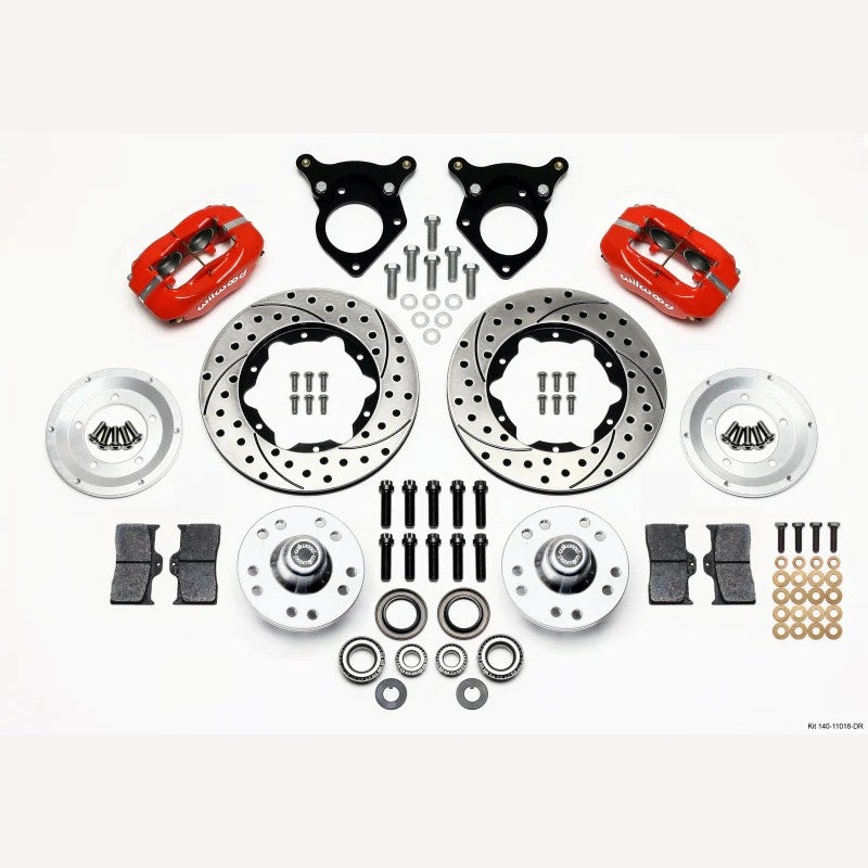 Wilwood Forged Dynalite front brake kit with red four-piston calipers and 11-inch drilled and slotted rotors.