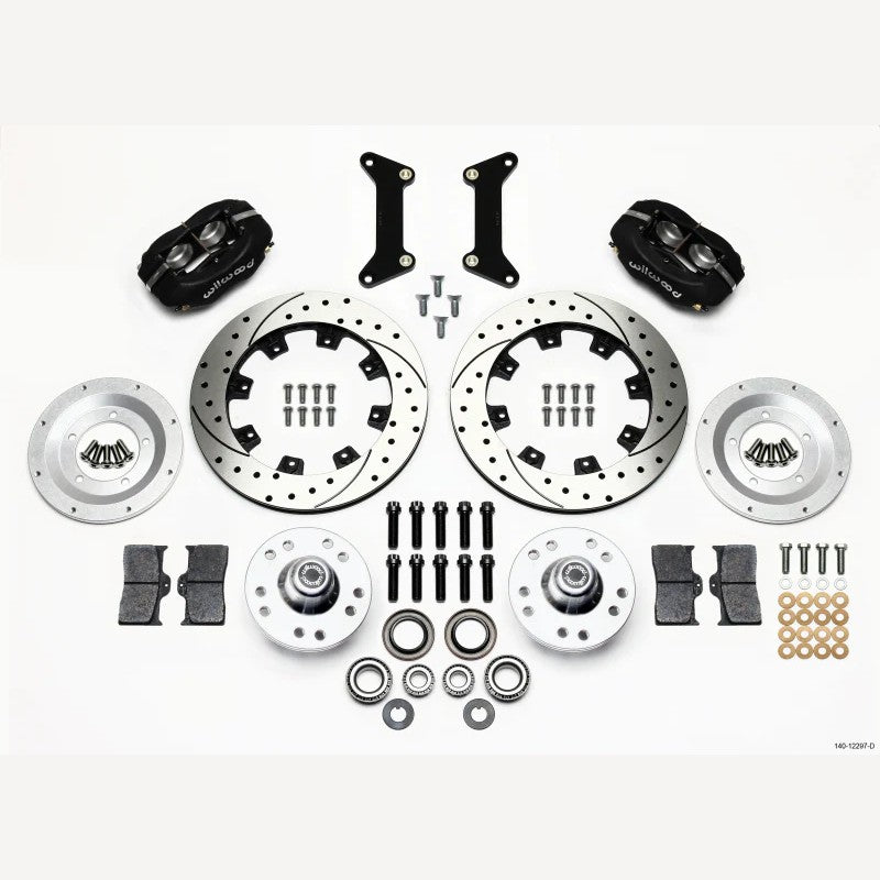 Wilwood Forged Dynalite front brake kit featuring 4-piston calipers and 12.19-inch drilled rotors.