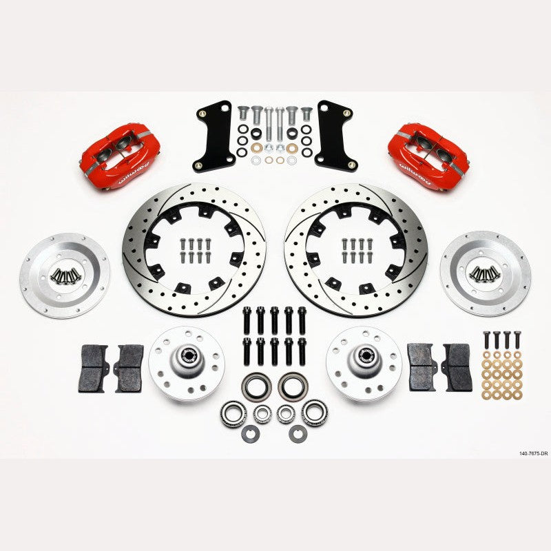Wilwood Forged Dynalite front brake kit with red four-piston calipers and 12.19-inch drilled rotors.