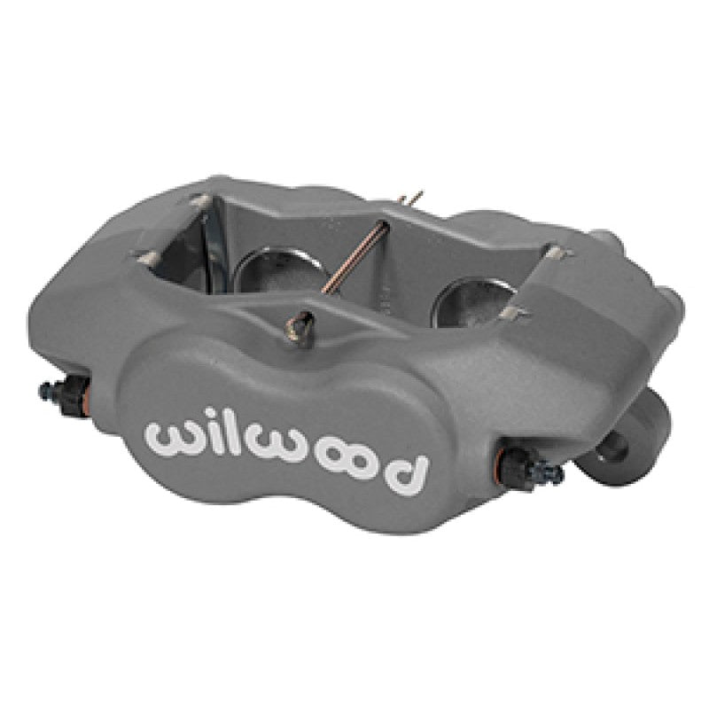 Wilwood Forged Dynalite 4-piston brake caliper in Type III hard anodized grey finish with internal fluid crossover.