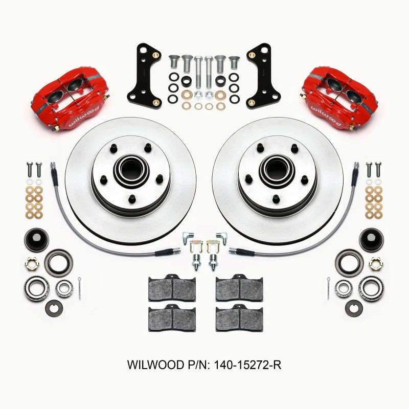 Red Wilwood 4-piston FDL-M calipers with 11-inch one-piece rotors and integrated hubs for classic GM vehicles.