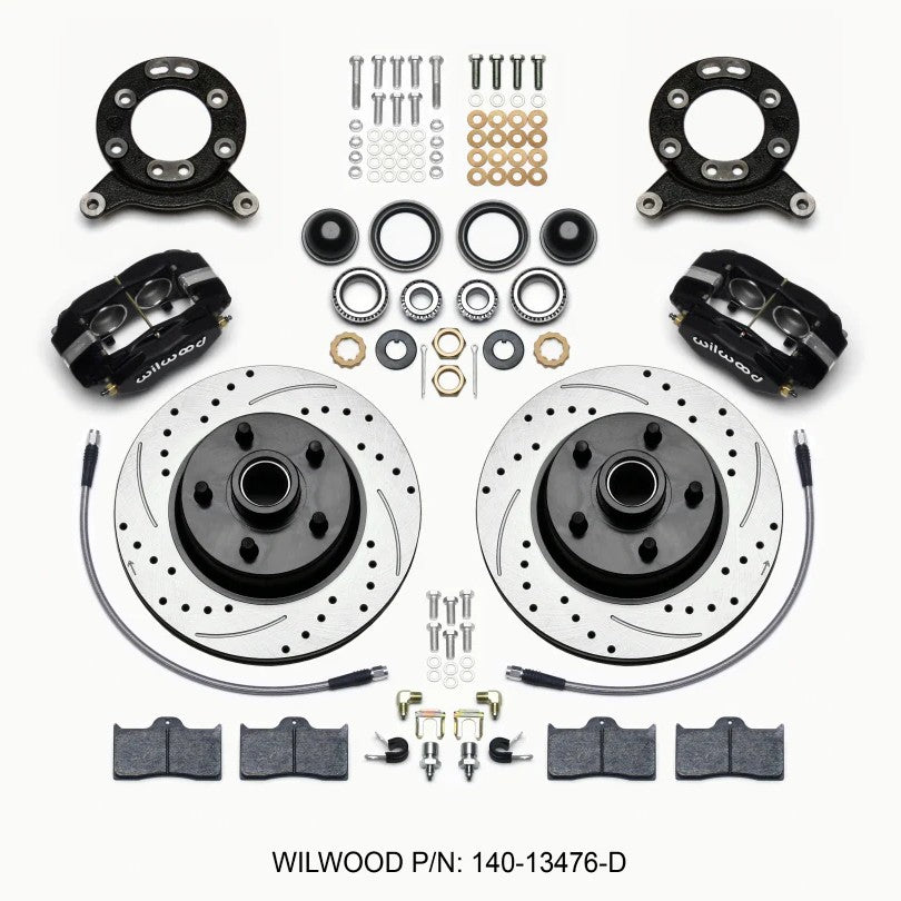 Wilwood Forged Dynalite-M front brake kit featuring 4-piston calipers and 11.30 inch drilled rotors with integrated hubs