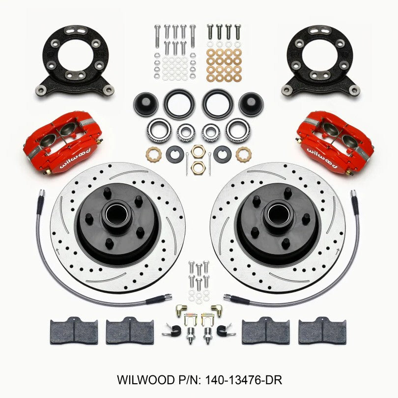 Wilwood red 4-piston Forged Dynalite-M calipers and 11.30-inch drilled one-piece rotors with integrated hubs.
