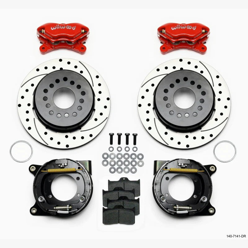 Wilwood rear disc brake kit with red 4-piston calipers and 12.19-inch drilled rotors for Chevy 12-bolt axles.