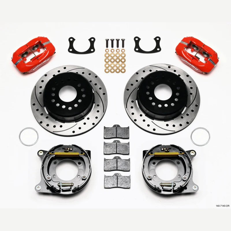 Wilwood rear disc brake kit featuring red 4-piston calipers, drilled and slotted rotors, and internal parking brake assembly.