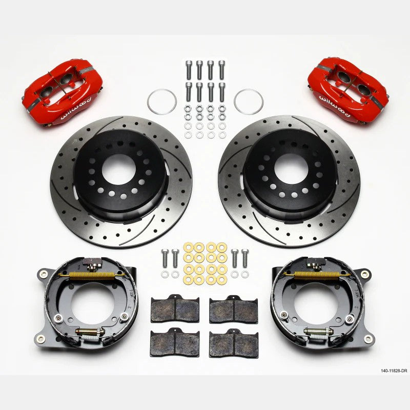 Wilwood Forged Dynalite rear disc brake kit with red four-piston calipers and drilled 12.19-inch rotors.