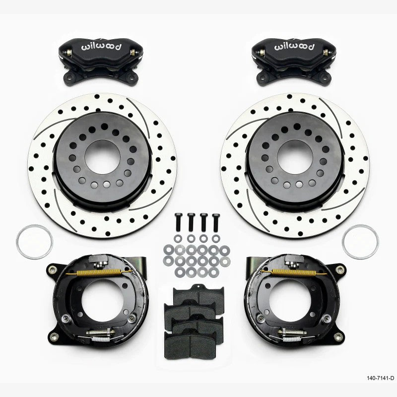 Wilwood FDL Pro-Series rear disc brake kit with black 4-piston calipers and drilled rotors for Chevy 12-bolt C-clip axles