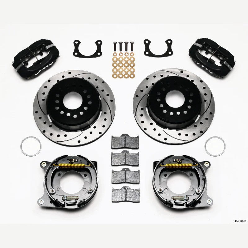 Wilwood Forged Dynalite rear disc brake kit with black 4-piston calipers and 12.19 inch drilled one-piece rotors.