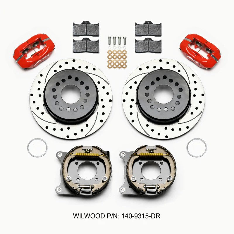 Wilwood rear disc brake kit featuring red 4-piston calipers, drilled rotors, and internal parking brake assembly.