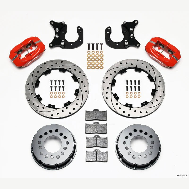 Wilwood red 4-piston Dynalite calipers and drilled rotors for Big Ford rear axles with 2.50-inch offset.