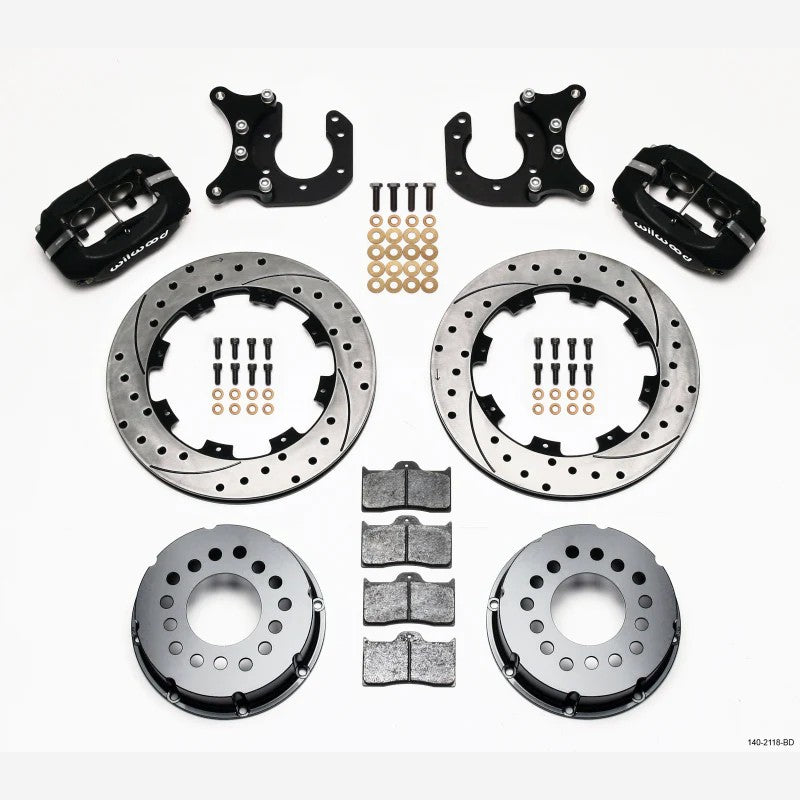 Wilwood Forged Dynalite Pro-Series rear brake kit featuring black 4-piston calipers and drilled two-piece rotors.