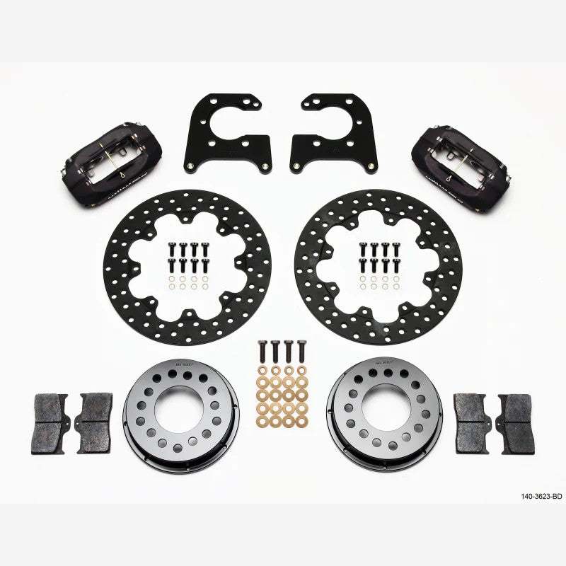 Wilwood Forged Dynalite four-piston rear drag brake calipers with drilled 3/8-inch plate steel rotors and aluminum hats.