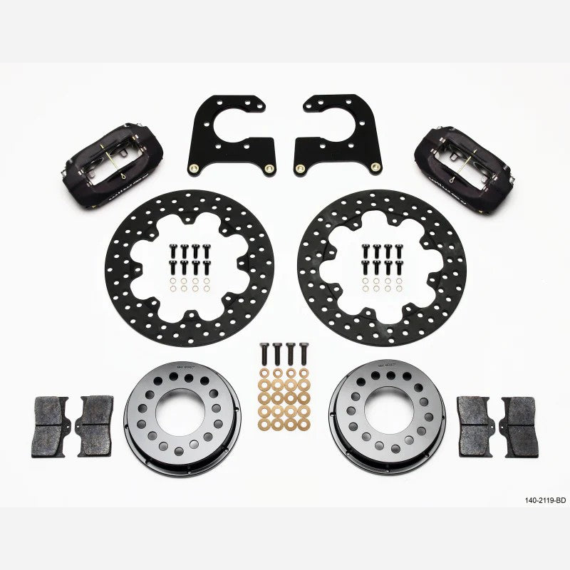 Wilwood Forged Dynalite 4-piston rear drag brake kit with drilled steel rotors and aluminum hats.