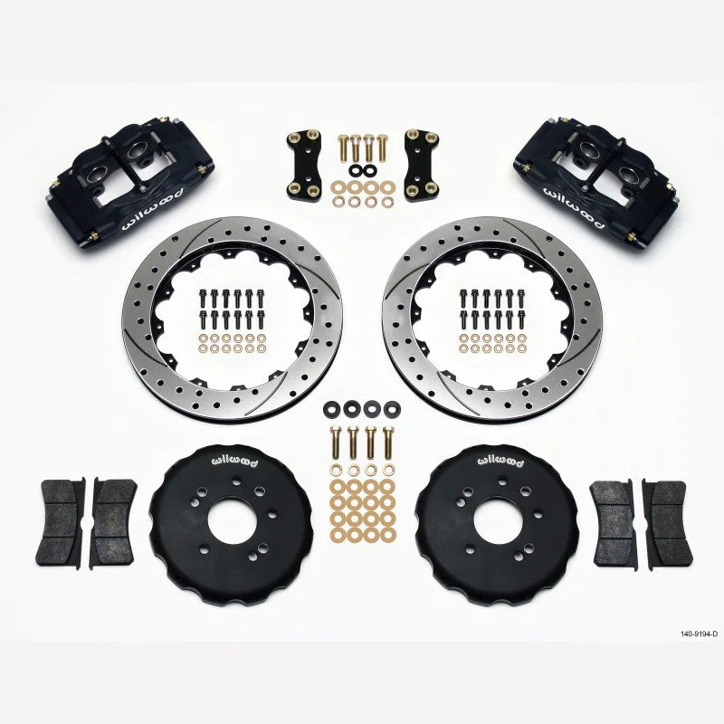 Wilwood FSLI4 Forged Superlite 4-piston calipers and 13-inch drilled rotors for Nissan 240SX front brake upgrade kit