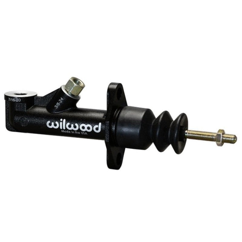 Black e-coated Wilwood GS Compact Remote Master Cylinder with 0.625 inch bore and threaded inlet.