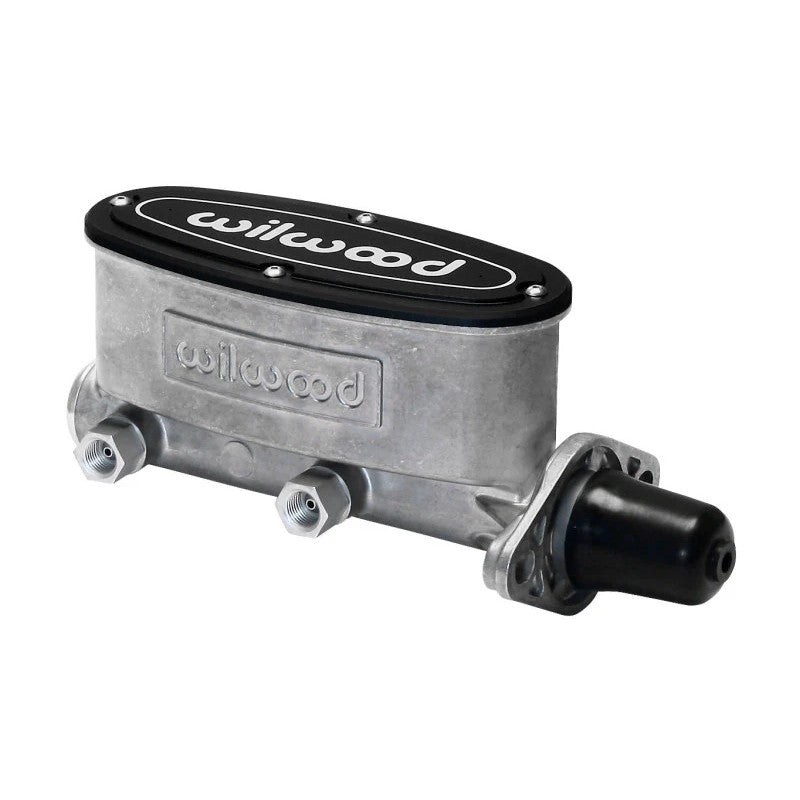 Wilwood tandem aluminum master cylinder with 1-1/8 inch bore and dual-sided fluid outlet ports.