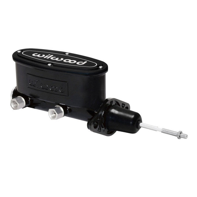 Wilwood black e-coat high-pressure die-cast aluminum tandem master cylinder with 7/8 inch bore and pushrod.