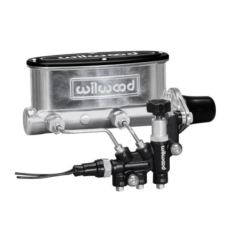 Ball burnished Wilwood HV Tandem Master Cylinder with black proportioning valve, LH bracket, and stainless steel tubes.