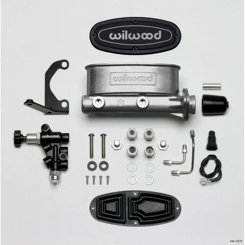 Wilwood HV tandem master cylinder kit with black proportioning valve, LH bracket, and stainless steel fluid lines