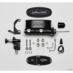 Wilwood black E-coat 15/16 inch bore tandem master cylinder with proportioning valve, LH bracket, and stainless lines.