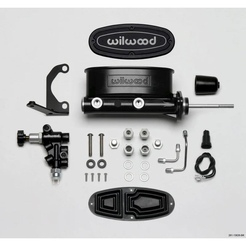 Wilwood black E-coat 15/16 inch bore tandem master cylinder with proportioning valve, LH bracket, and stainless lines.