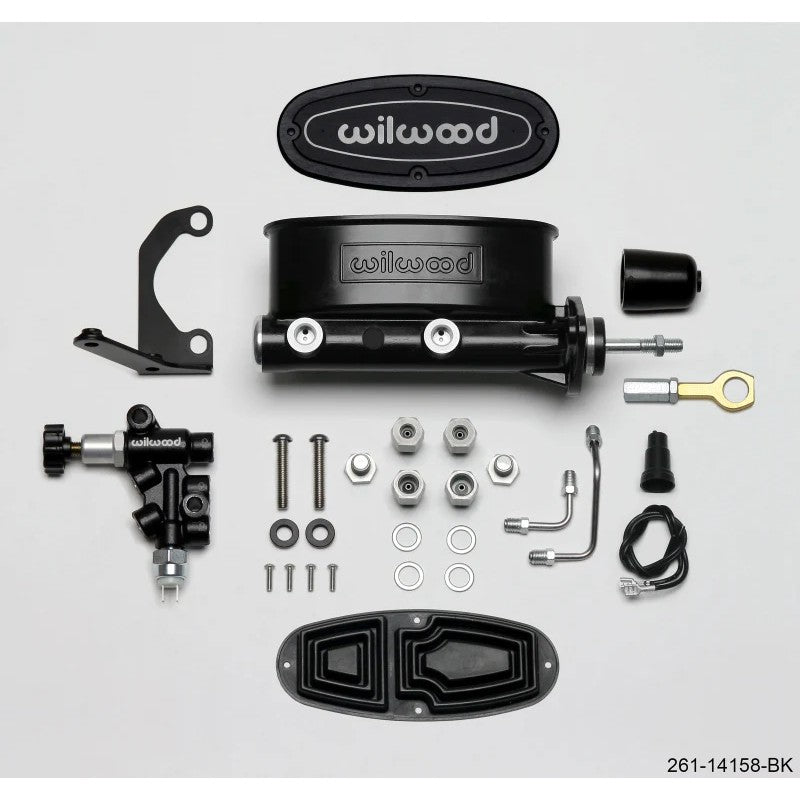 Wilwood HV Tandem Master Cylinder in black E-coat with proportioning valve, L/H bracket, and stainless steel fluid lines.