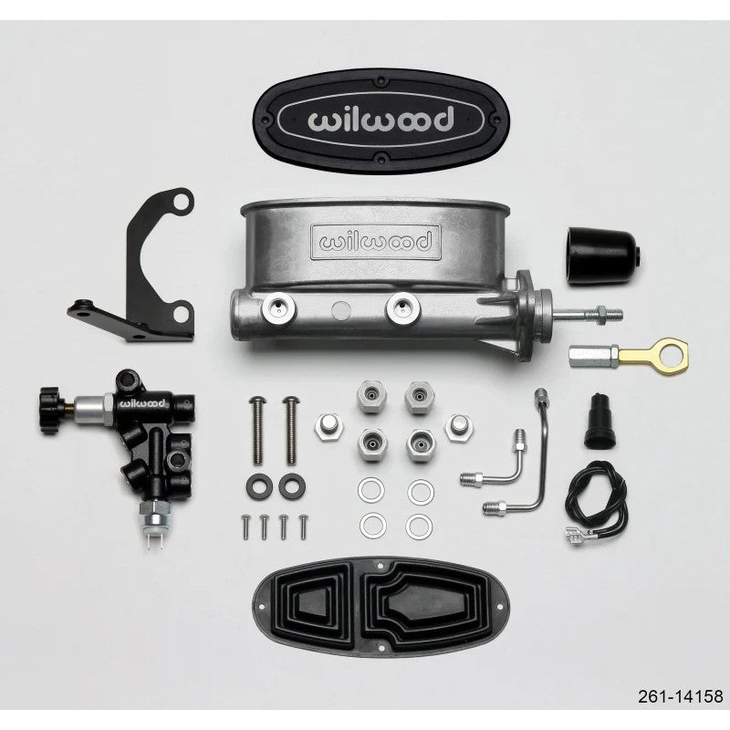 Wilwood aluminum tandem master cylinder with black E-coated proportioning valve, mounting bracket, and stainless tubes.