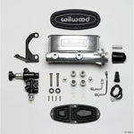 Ball burnished Wilwood tandem master cylinder kit with black proportioning valve, left-hand bracket, and stainless tubes.