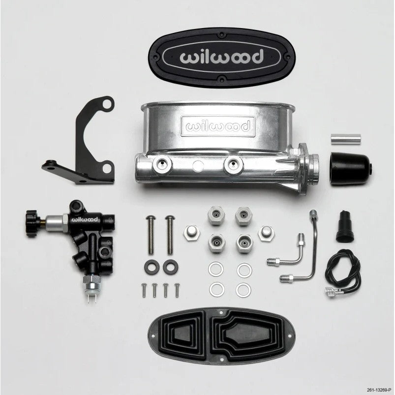 Ball burnished Wilwood tandem master cylinder kit with black proportioning valve, left-hand bracket, and stainless tubes.