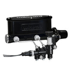 Wilwood black tandem master cylinder with attached proportioning valve, LH mounting bracket, and stainless fluid lines.