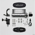 Wilwood black tandem master cylinder with proportioning valve, LH mounting bracket, and stainless steel lines