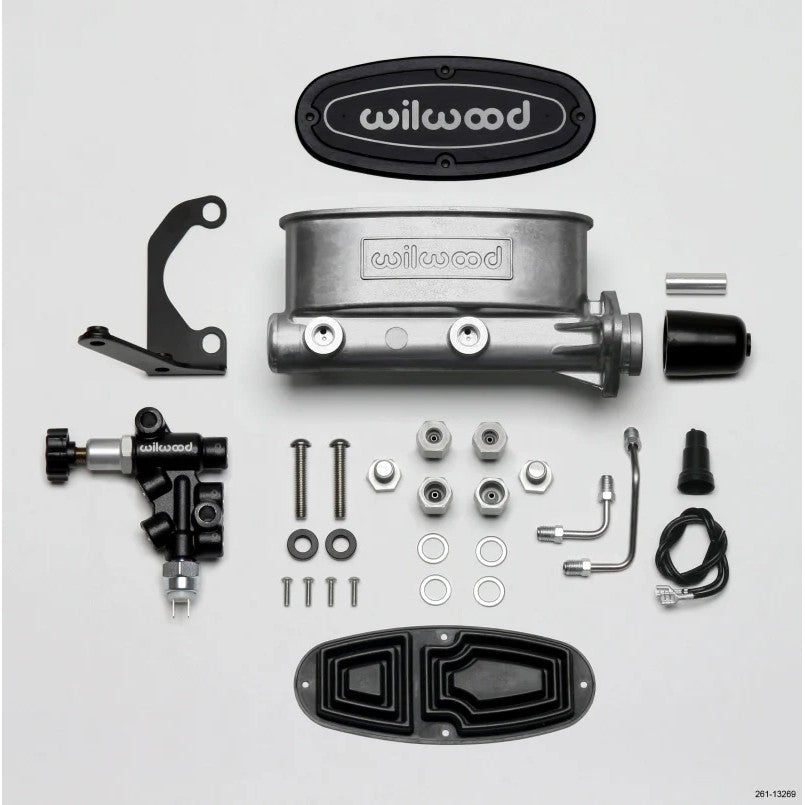 Wilwood black tandem master cylinder with proportioning valve, LH mounting bracket, and stainless steel lines