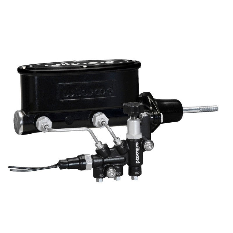 Wilwood black E-coated tandem master cylinder with integrated proportioning valve and left-hand mounting bracket.