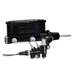 Wilwood black E-coated tandem master cylinder with integrated proportioning valve and left-hand mounting bracket.