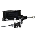 Black Wilwood tandem master cylinder kit with combination proportioning valve, L/H bracket, and stainless steel lines.