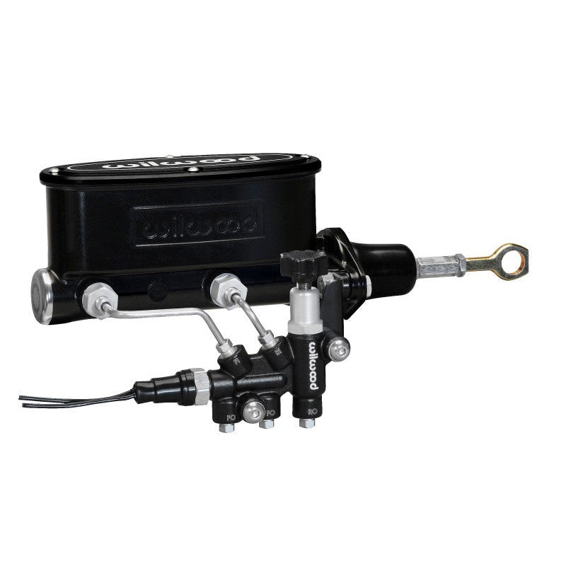 Black Wilwood tandem master cylinder kit with combination proportioning valve, L/H bracket, and stainless steel lines.