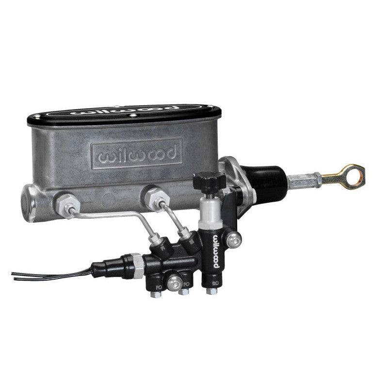Wilwood aluminum tandem master cylinder assembly with black proportioning valve, mounting bracket, and stainless steel lines.
