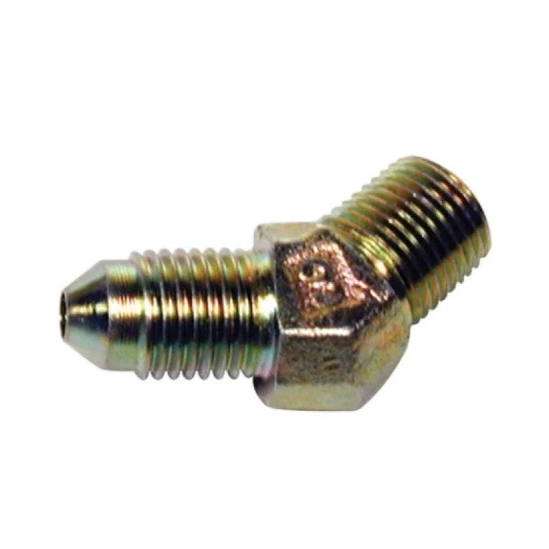 Wilwood 220-6412 zinc-plated steel 45-degree elbow fitting, -3 AN to 1/8-27 NPT.