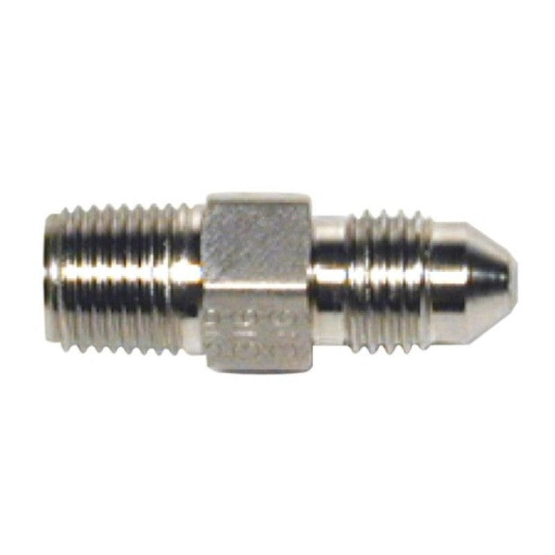 Wilwood straight inlet fitting adapter showing 1/8-27 NPT and -3 AN male threaded ends.