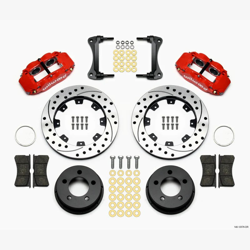Wilwood 140-12576-DR front big brake kit featuring red four-piston calipers and 12.19 inch drilled rotors.