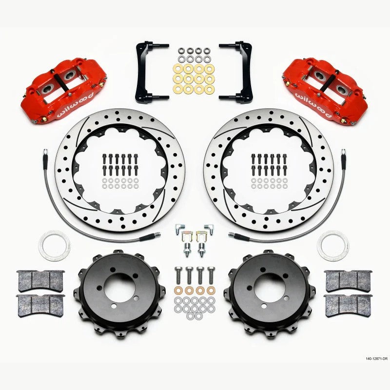 Red Wilwood 4-piston calipers with 12.88-inch drilled rotors and stainless steel brake lines for Scion FR-S and Subaru BRZ
