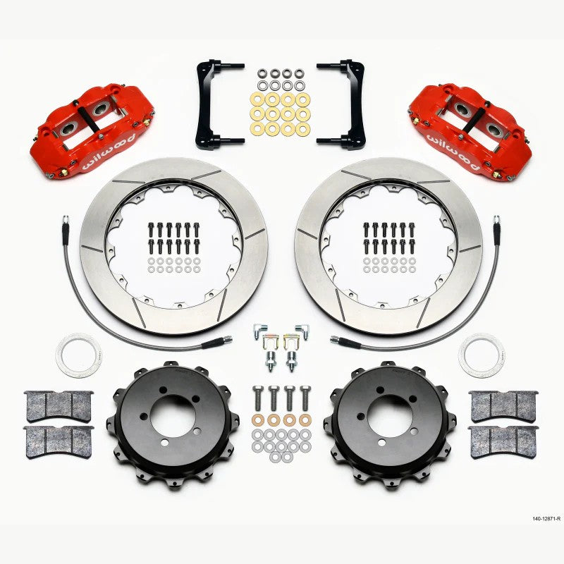 Wilwood Forged Narrow Superlite 4R red 4-piston rear calipers with 12.88-inch rotors and stainless braided brake lines