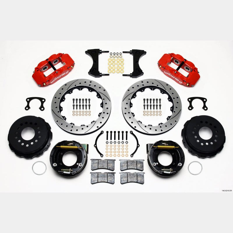 Wilwood Narrow Superlite 4R rear brake kit with red 4-piston calipers and 12.88-inch drilled rotors for Big Ford axles.
