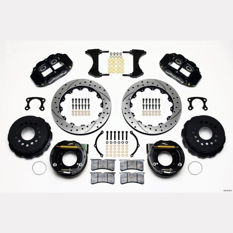 Wilwood Narrow Superlite 4R rear disc brake kit with 12.88 inch drilled rotors and internal parking brake assembly