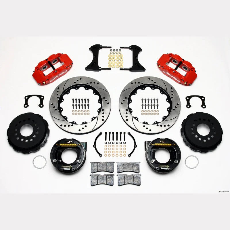 Wilwood Narrow Superlite 4R red 4-piston calipers and 14 inch drilled and slotted rotors for New Big Ford rear axles.