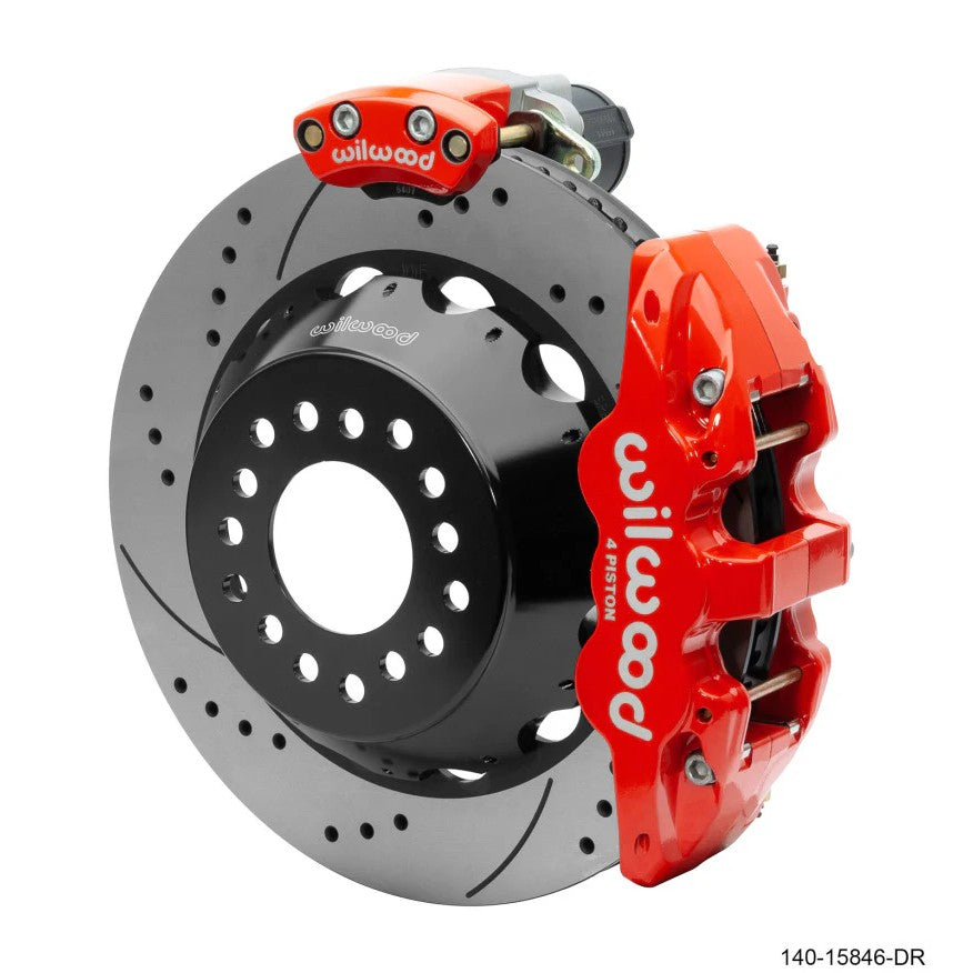 Red Wilwood AERO4 four-piston calipers and 14-inch SRP drilled and slotted rotors for Big Ford New Style rear axles.