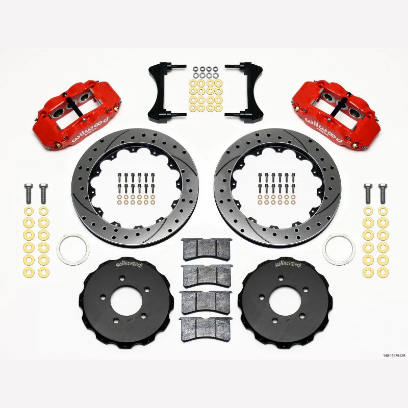 Red Wilwood 6-piston FNSL6R calipers with 12.88-inch drilled front rotors for 2006-2015 Honda Civic.