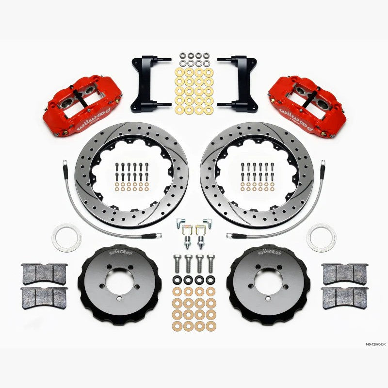 Wilwood Forged Narrow Superlite 6R red 6-piston calipers and 12.88-inch drilled rotors for 2013-2017 FR-S and BRZ.