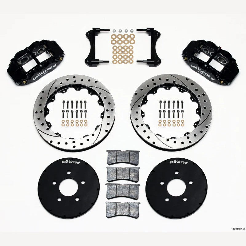 Wilwood Narrow Superlite 6R front brake kit with 6-piston calipers and 12.88-inch drilled rotors for 1994-2004 Ford Mustang